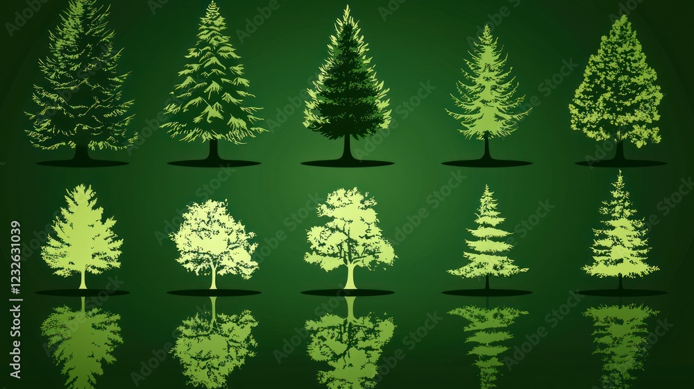 Poster a set of evergreen icons representing different types of trees, ideal for environmental and eco-them