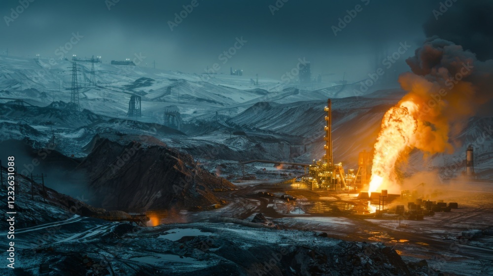 Poster oil is being extracted in a remote location as flames erupt from a rig, surrounded by dark mountains