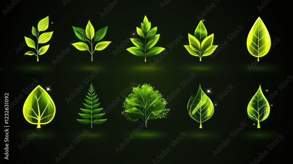 Poster a set of evergreen icons representing different types of trees, ideal for environmental and eco-them