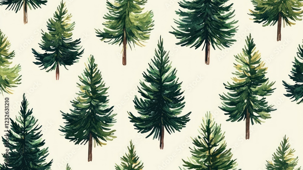 Poster a repeating pattern of evergreen trees and leaves in a seamless design, perfect for wrapping paper o