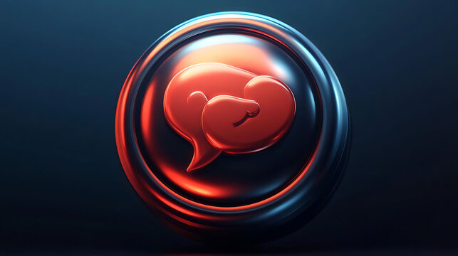 Sleek, metallic 3D render of a speech bubble icon with boxing gloves.  Perfect for concepts of communication, debate, conflict resolution, or competitive discussion.