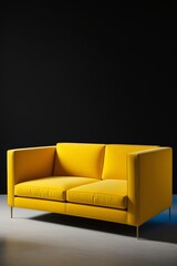 a close up of a yellow couch in a dark room