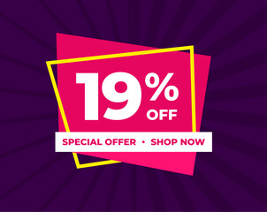 19% off, nineteen percent, special offer, shop now. Background Label. Purple and pink. Discount special offer. Modern concept design. Vector illustration.