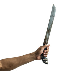 A worn-out Machete Firmly Held in a Human Hand on a transparent background
