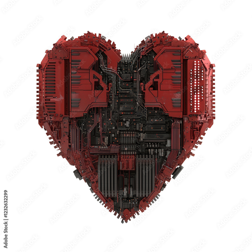 Poster a stylized heart shape composed of intricate mechanical components in red tones.