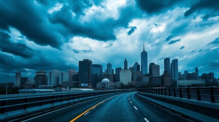 Obraz premium Dramatic Cityscape Road Leading to Skyline Under Stormy Clouds