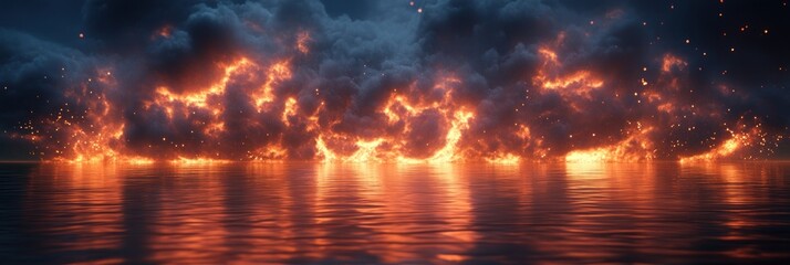 Fiery Inferno Reflecting on Calm Waters: A Dramatic Nightscape