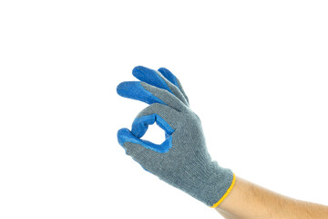 Worker showing gesture - ok sign. Male hand wearing blue working glove, isolated on white background with clipping path.