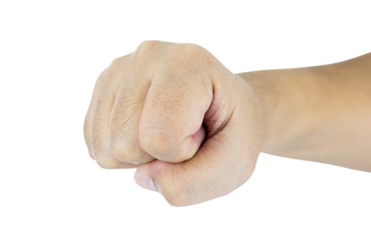 Right fist symbolizing strength, determination, and fight. Close-up image isolated on a white background with clipping path.