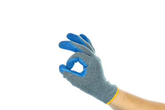Worker showing gesture - ok sign. Male hand wearing blue working glove, isolated on white background with clipping path.
