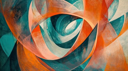 Lyrical abstract featuring overlapping loops and curves in dynamic orange and teal shades