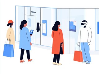 Shoppers Engaging with Smart Technology in a Modern Retail Space