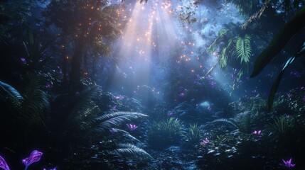 Obraz premium Illustration of a lush jungle with sunlight filtering through dense foliage and palm trees