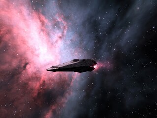 Obraz premium Space Scene with a Sci-Fi Ship in Colorful Nebula Background