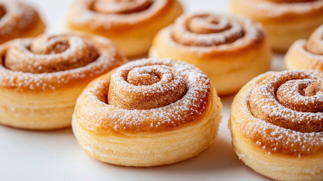 A tempting assortment of cinnamon swirl pastries dusted with powdered sugar arranged aesthetically on a plain white background