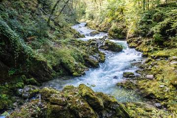 Vintgar-Klamm mit Wasserfällen und felsigen Ufern