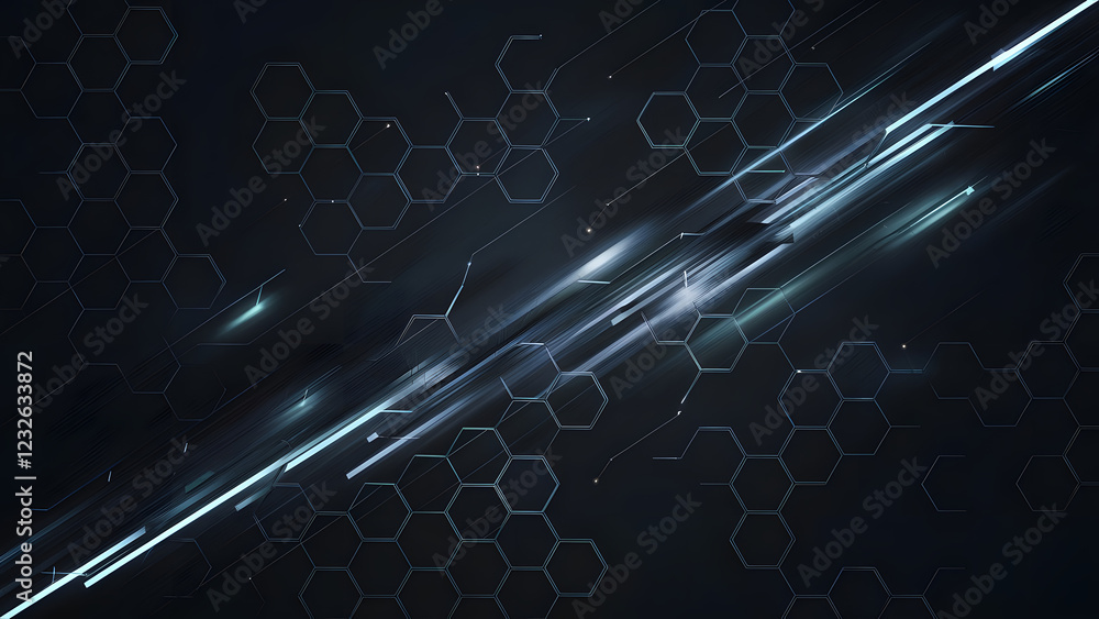 Poster abstract tech hexagon: dynamic streaks of light pierce a dark background overlaid with a subtle hexa