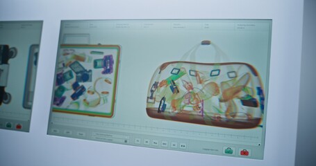 Security Checkpoint in Airport Terminal: PC Screens Showing Modern Computer Software Interface or...