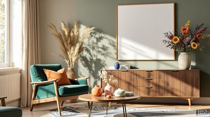 Frame mockup, cozy living room wall poster mockup design. Interior mockup with home background. Modern cozy interior design.