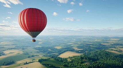 Red hot air balloon soaring over scenic countryside