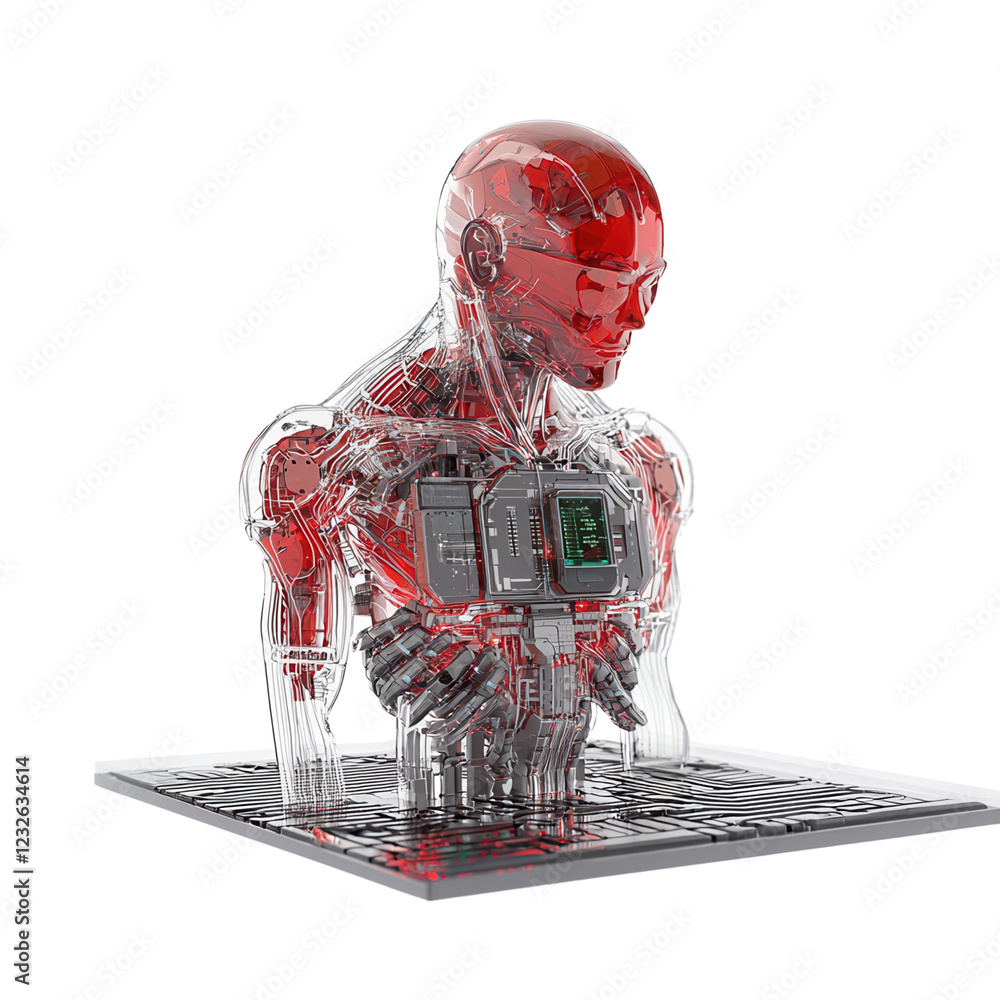 Poster a futuristic humanoid figure with visible circuitry and a glowing red core, representing a blend of 