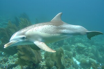 A dolphin swims gracefully through clear blue waters, showcasing its streamlined body and playful nature amidst vibrant coral reefs.