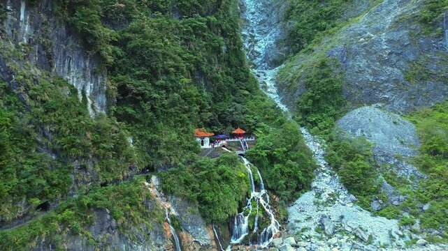 Aerial 4K footage of Changchun Shrine at Taroko National Park in Taiwan.