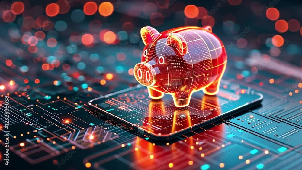 Poster digital piggy bank on smartphone screen with glowing technology elements in 4k resolution