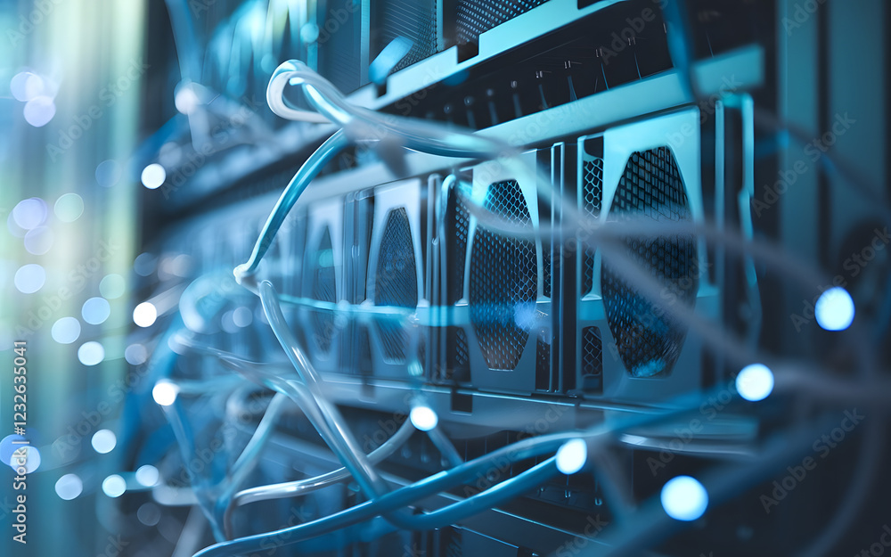 Aufkleber data center power: a close-up shot reveals the intricate network of cables and hardware within a mod