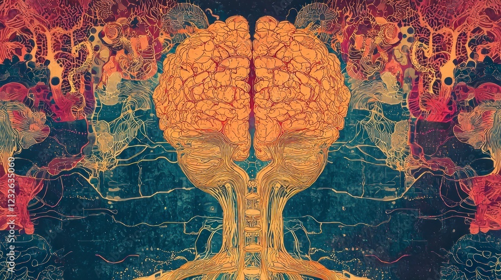 Poster a digital mind-map design symbolizing brain evolution, showing human cognitive development over time