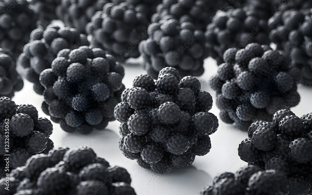 Poster dark matter clusters: abstract 3d rendering of dark, spherical clusters resembling microscopic organ