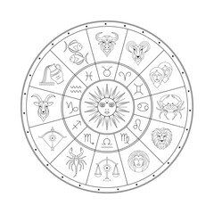 Astrological zodiac circle in line art style with all twelve astrological signs and central sun symbol.