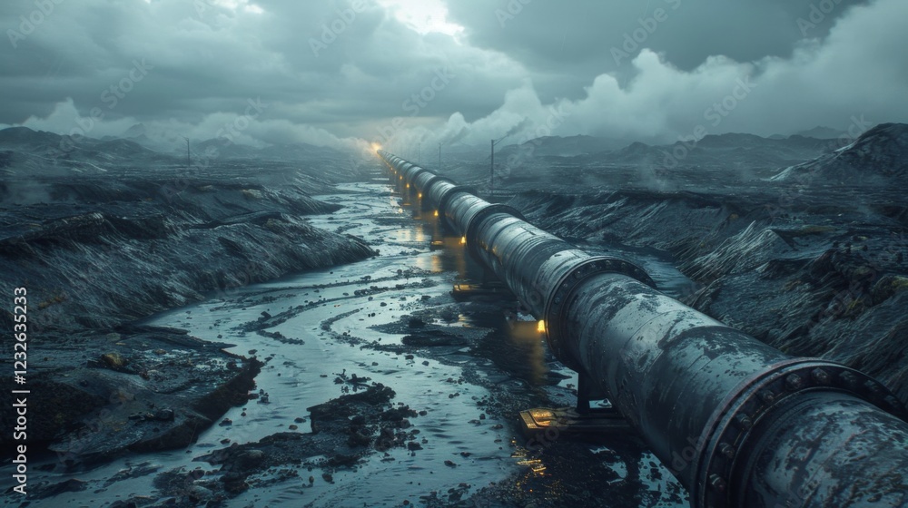 Poster a long industrial pipeline runs through a desolate terrain, with water and rocks surrounding it as d