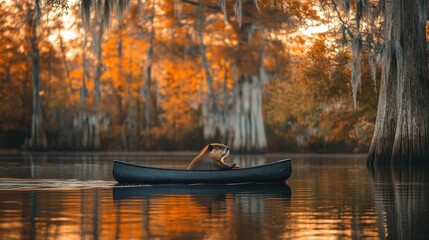 Beaver Paddling Canoe Calm River Nature Scene Serene Environment Close-Up View Whimsical Concept