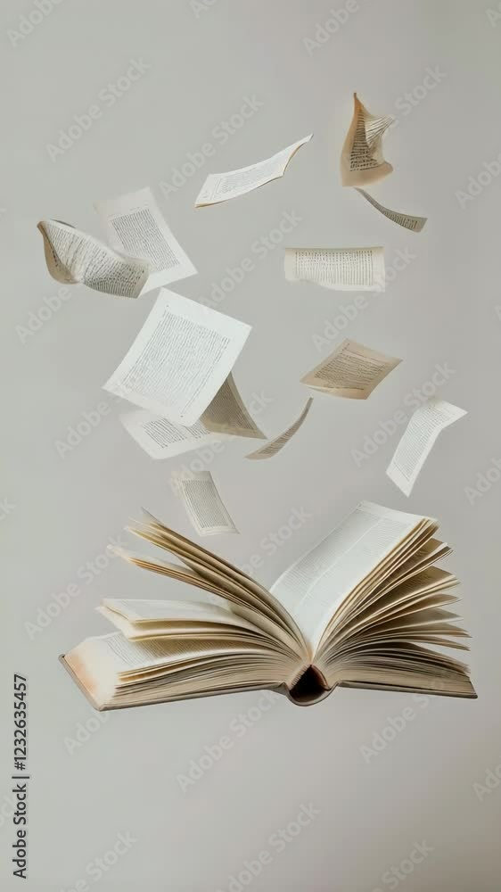 Aufkleber Open book is levitating in the air, with pages flying out of it, creating a dynamic and surreal scene against a light background, suggesting freedom, imagination, and the power of stories