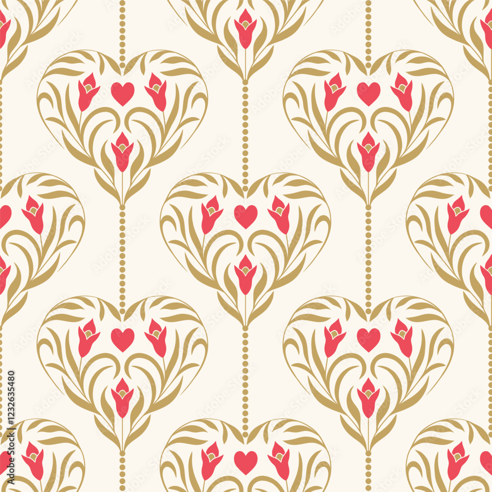 Poster Seamless pattern with floral  hearts on light background.