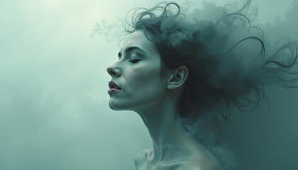 Serene Woman with Flowing Hair Dreamlike Teal Mist Artistic Portrait