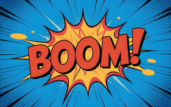 Fototapeta Comic Book Boom!:  A dynamic and vibrant "BOOM!" explosion graphic, rendered in classic comic book style with bold lettering, radiating energy and impact. Perfect for action, power.