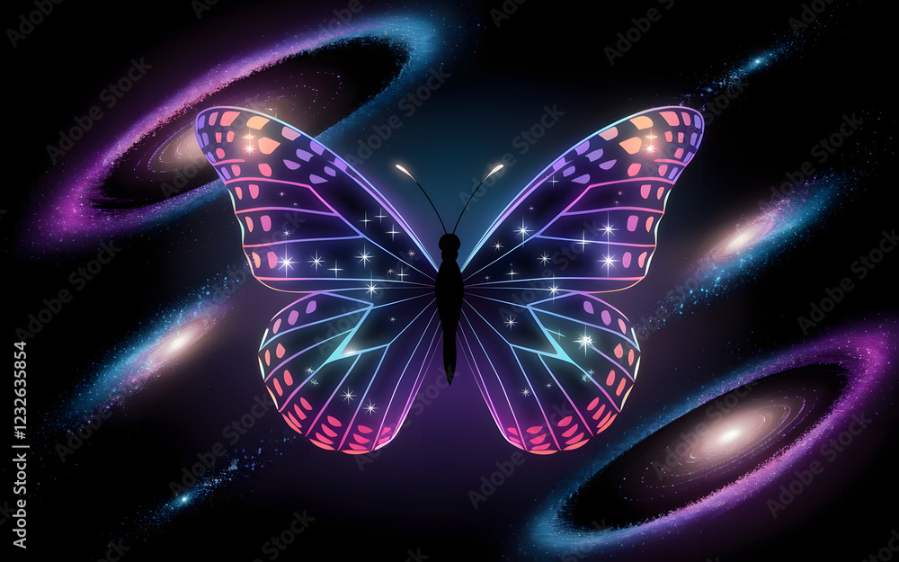 Poster cosmic butterfly: a mesmerizing digital art piece depicting a vibrant butterfly with galactic patter