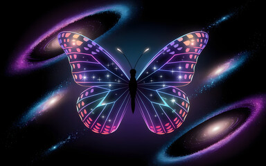 Cosmic Butterfly: A mesmerizing digital art piece depicting a vibrant butterfly with galactic patterns on its wings, set against a backdrop of swirling nebulae, creating a surreal and ethereal scene.
