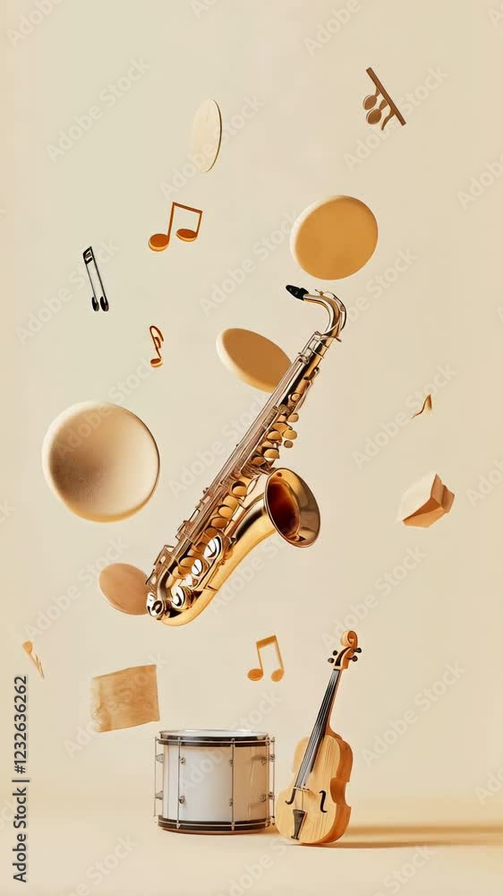 Aufkleber saxophone, violin and drum floating with musical notes and other wooden musical instruments parts on