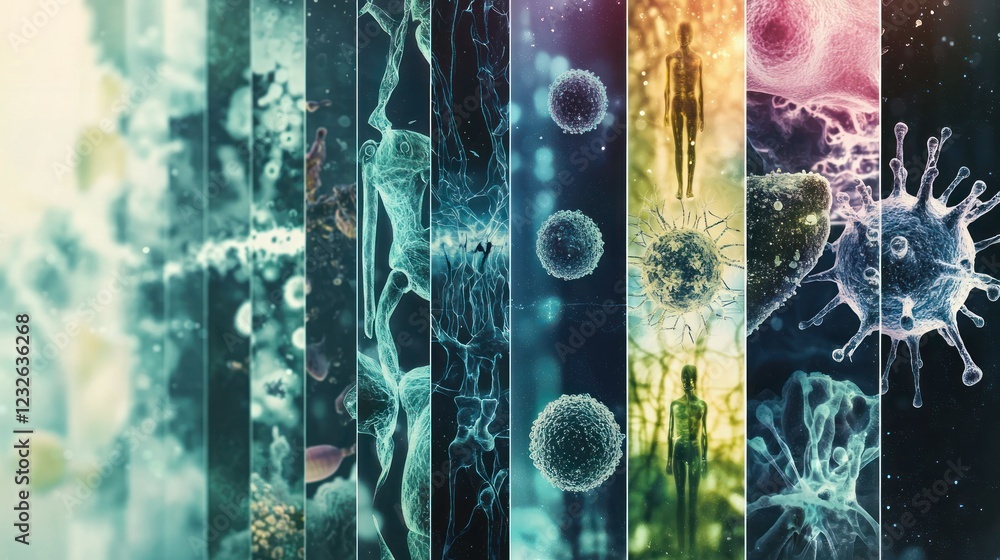 Poster a conceptual representation of evolution in biology, with images of diverse life forms progressing f
