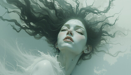 Serene Woman with Flowing Dark Hair Dreamlike Artistic Portrait Peaceful Expression