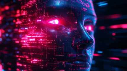 Fototapeta premium Abstract Futuristic Face Composed of Pink And Blue Neon Data Streams