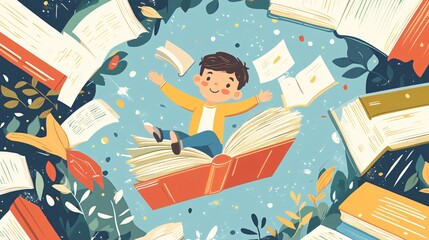 Magical Fantasy Illustration of Flying Boy in Enchanting World of Books | Mixed Media Artwork for Creatives