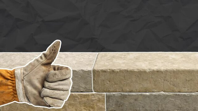 Rows of even hewn stones fall from above and form a wall, on the right a mitten shows a thumbs up. Construction concept. Empty space for text. Stop motion animation on black paper background