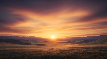 Obraz premium Serene sunset over a mountainous landscape with vibrant colors and soft clouds.