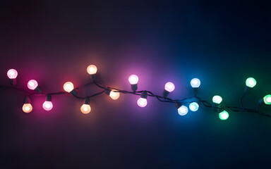 Colorful String Lights: A string of vibrant multi-colored fairy lights illuminates the darkness, casting a magical glow. Each bulb shines with a different hue.