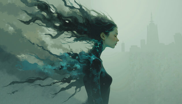 Ethereal Woman with Flowing Dark Hair Mystical Cityscape Background Fantasy Art