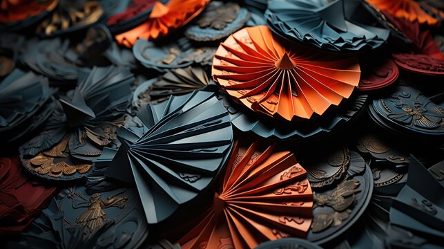 Festive paper fans, ornate backdrop, celebratory design, craft texture